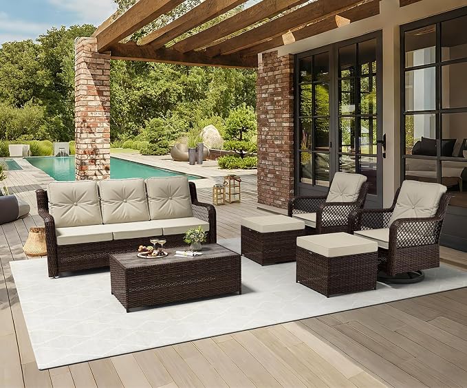 Outdoor Patio Furniture Set with Swivel Chairs and Ottoman, 6 Pieces All-Weather Wicker Patio Conversation Sets with Sofa and Coffee Table for Backyard, Porch, Balcony, Beige