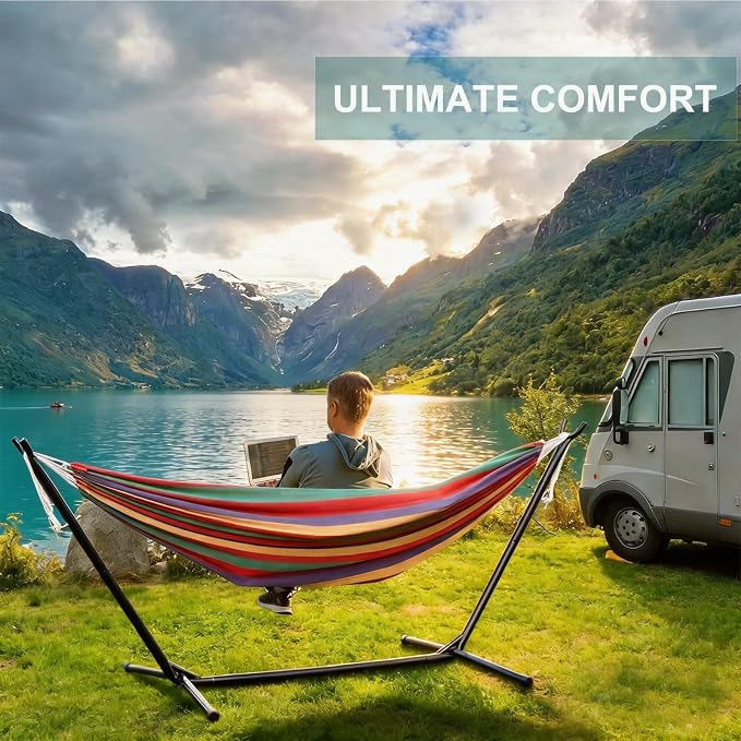 Portable Hammock with Stand for Outside, Heavy Duty Hammock 2 Person,Easy Assembly,440lbs Weight Capacity, Outdoor Double Hammocks for Patio, Garden, Backyard & Beach,Includes Carry Bag (Red)