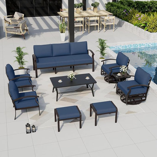 ALAULM Aluminum Patio Furniture Set with Coffee Table Rectangular, 9-seat Outdoor Sectional Furniture w/Swivel Chairs and 2 Ottomans, Patio Conversation Set for Porch, Backyard, Poolside-Dark Blue