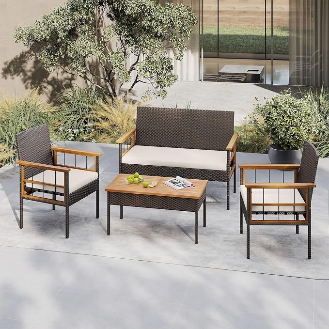 HAPPYGRILL Patio Furniture Set Outdoor Rattan Wicker Conversation Set with Acacia Wood Coffee Table, Chairs, Loveseat & Cushions, for Porch, Garden, Backyard, Poolside (4 Pieces)