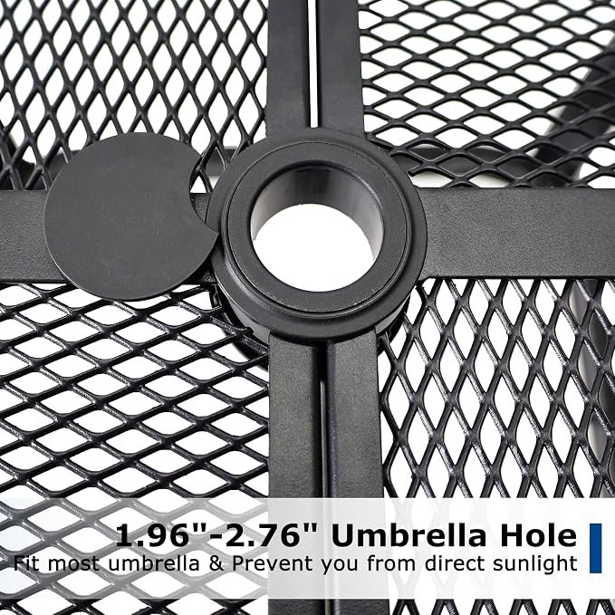 47" Round Patio Table with Umbrella Hole, Metal Outdoor Dining Table for Garden, Backyard and Deck, 6 Person Round Patio Dining Table for Outside, Black Mesh Table