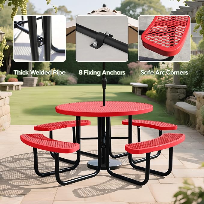 46 Inch Round Outdoor Metal Picnic Table, All-Weather Patio Dining Set for 6-8 Adults, Heavy Duty Steel with Central Umbrella Hole, Perfect for Garden, Backyard, Deck & Small Spaces - Easy Assembly