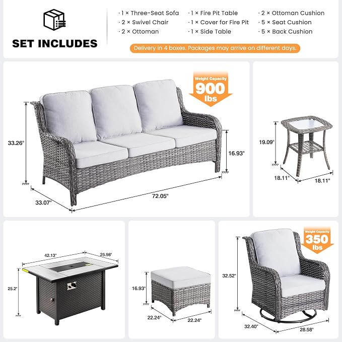 ovios 7-Piece Patio Furniture Set with Swivel Chairs Side Table, Outdoor Wicker Sofa with 42" Fire Pit Table, High Back Couch Modern Conversation Sets, Grey/Grey