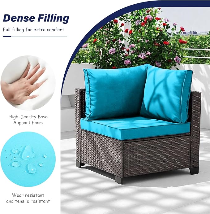 7-Piece Outdoor Patio Furniture Set, Brown PE Rattan Sectional Sofa with Turquoise Cushions and Steel Frame, Coffee Table Included, Modular Outdoor Conversation Set for Patio Garden Poolside