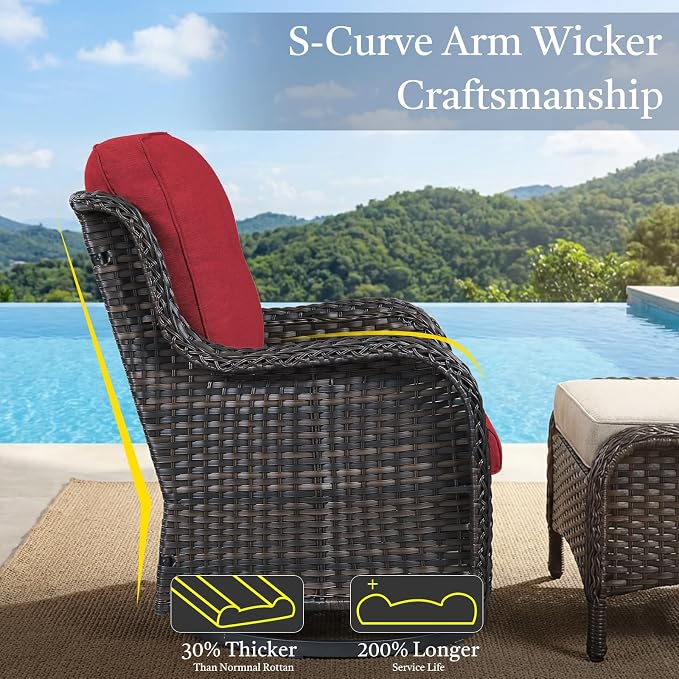 Outdoor Swivel Chairs-Patio Swivel Glider Chairs with Ottomans Outdoor Conversation Set for Deck Balcony Poolside Backyard-Brown/Red