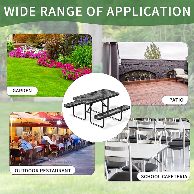 4FT Rectangular Metal Picnic Table for Outdoors, Commercial Steel Metal Picnic Tables, Heavy Duty Sturdy Picnic Tables Furniture Set for Patio Garden Courtyard BBQ, with Umbrella Hole, Black