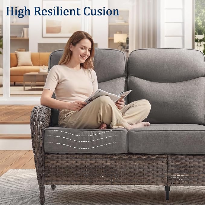 Outdoor Swivel Rocking Chair Patio Set (7-Piece), High-Back - Thick Cushion Swivel Rocking Chair Patio Set, All-Weather Wicker Patio Furniture Set, Suitable for Balcony Patios, Brown/Gery