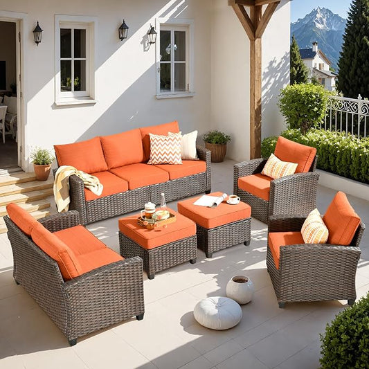 CAODOC Patio Furniture Set, Outdoor Wicker Furniture with Ottomans, 6 Pieces Patio Sectional Sofa Couch Conversation Set for Garden Poolside Backyard, Brown Rattan Red Cushions