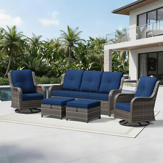 Joyside 5 Piece Wicker Patio Furniture Set, Outdoor Swivel Rocker Patio Chairs with High Back, Deep Seating, Wide Armrest, Thickened Cushions, Outdoor Furniture for Deck, Porch Use