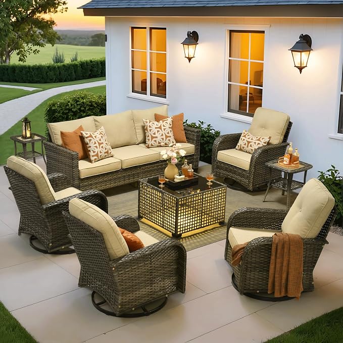 ovios 8 Pieces Patio Furniture Set, Outdoor Wicker Sofa Couch with Swivel Glider Chairs Solar Lights Table, Modern Deep Seat Rattan Conversation Sets for Deck Porch, Beige