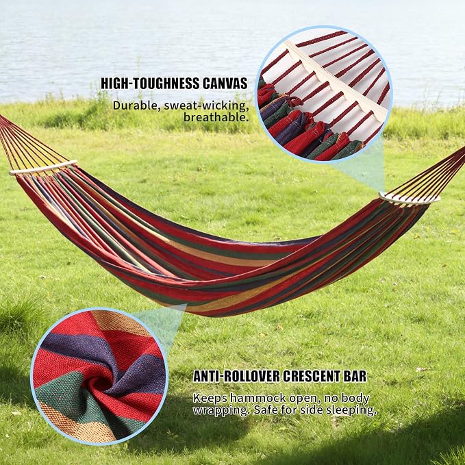 Canvas & Wood Hammock, Red-Purple Striped, 129.9x59.1 inches, Extra Large Double Hammock, 500 LBS Weight Capacity, Portable with Storage Bag & 2x9.8ft Tree Ropes, Includes Installation Manual, for Out