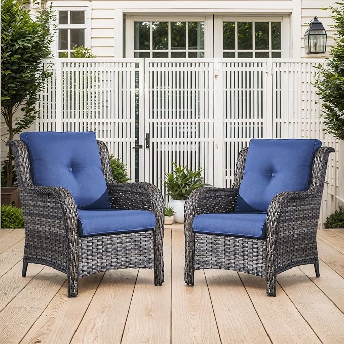 Belord High Back Patio Chairs Set of 2 - Gray Wicker Outdoor Seating, 4" Wide Armrests Rattan Outdoor Club Chairs with Blue Removable Cushion for Deck Porch Backyard