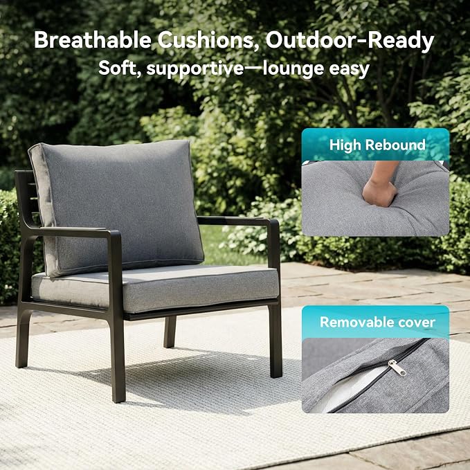 COSIEST 4-Piece Iron-Aluminum Patio Furniture Set, 5-Seater Patio Conversation Set, 3-Seat Outdoor Sectional Sofa with 2 Cushioned Chairs and Wood-Grain Coffee Table for Porch, Balcony, Deck