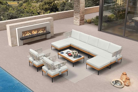 PURPLE LEAF Patio Furniture Set Outdoor Conversation Sets with Fade-Resistant Cushions and Pillows 10 Pieces Aluminum Modern Wicker Sofa Chairs for Balcony Yard Garden, White
