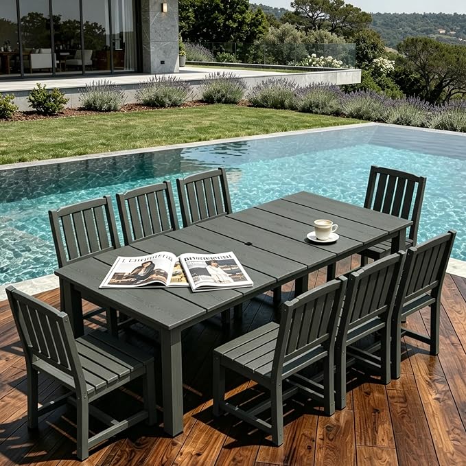 AreShark 9-Piece Outdoor Dining Set,HDPE Patio Table with 8 Armless Chairs,All-Weather Patio Furniture Set with Umbrella Hole,Low Maintenance Wood Grain Dining Set for Backyard,Garden,Poolside,Black