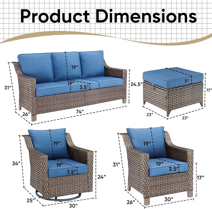 Patio Furniture Sets-Outdoor Wicker Rattan Sofa Couch with Swivel Glider Chair Outdoor Furniture Conversation Set for Porch Garden Backyard Poolside-Brown/Blue