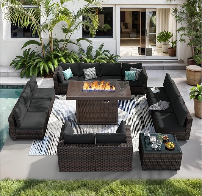 14 Pieces Patio Furniture Set with 44" Fire Pit Table, Rattan Outdoor Sectional Conversation Sets, All Weather Outdoor Furniture Set with Cushions for Garden Lawn Balcony Porch Deck Black
