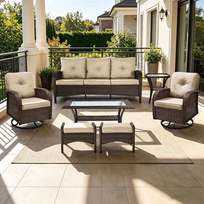 Outdoor Swivel Rocker Patio Chairs (Brown Wicker/Khaki Cushion, 7PC/Sofa & Swivel &2 Table & Ottomans)