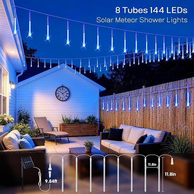 JMEXSUSS Solar Lights for Outdoor Decor, Solar Meteor Shower Lights Outdoor | 8 Tube 144 LEDs , Hanging Blue Christmas Lights for Tree Yard Icicle Garden Patio Gazebo Eaves Front Porch Decor