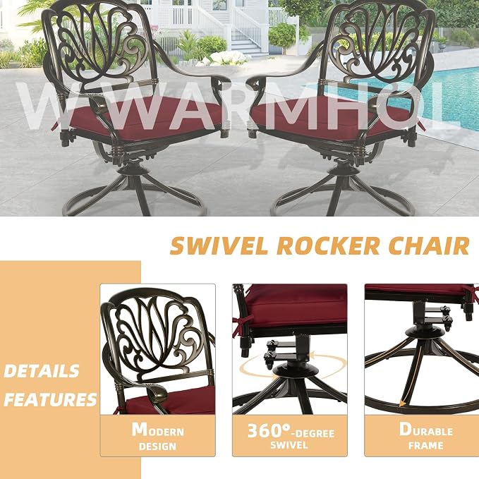 9-Piece Patio Dining Set, Outdoor Patio Table and Chair Set of 84” Oval Cast Aluminum Dining Table with Umbrella Hole, 6 Stationary, 2 Swivel Rocker Chairs, Patio Funiture Set, Red