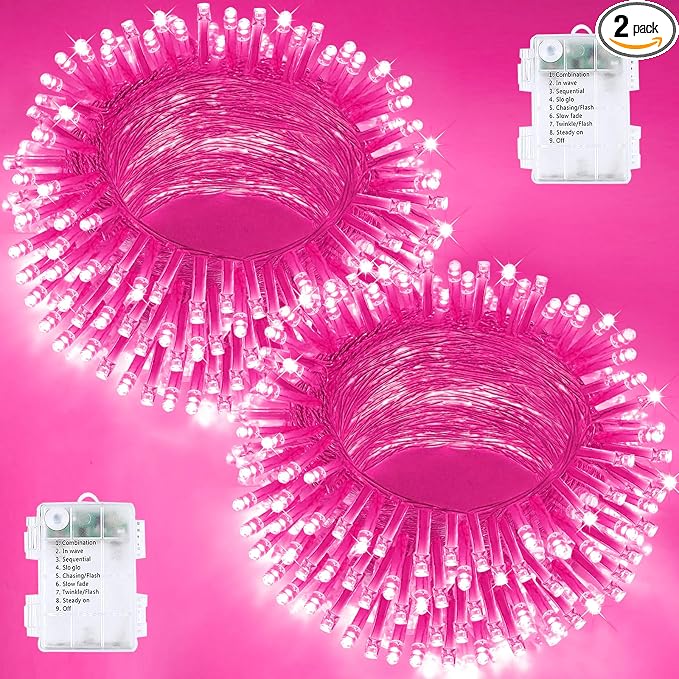 2 Pack 200 LED Battery Operated String Lights, Twinkle Fairy Lights Pink | 66FT 8 Modes Battery Lights Indoor Outdoor with Auto Timer, Waterproof Lights for Bedroom Party Porch Tree Holiday Decor