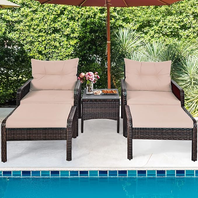 HAPPYGRILL 5-Piece Patio Furniture Set Outdoor Rattan Wicker Conversation Set with Coffee Table Cushioned Sofas and Ottoman Chat Set for Garden Backyard
