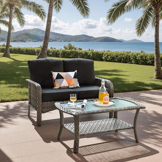 2-Piece Outdoor Patio Furniture Set with Coffee Table, Outdoor Conversation Wicker Sofa with Thickened Cushions, Rattan Couch for Deck Yard Poolside, Black