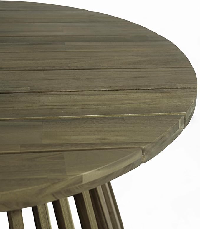 Wood Outdoor Round Coffee Table, Weather-Resistant Patio Table with Striped Base, for Garden, Deck, and Backyard, Grey