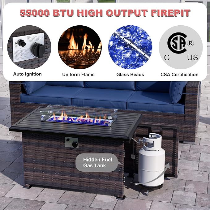 Kurapika 10 Pieces Patio Furniture Set, Rattan Wicker Outdoor Conversation Sets w/43in Propane Fire Pit Table and 4 Inch Cushion(Navy Blue)
