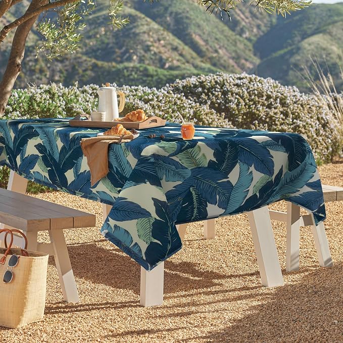 DYTXIII Outdoor Rectangle Tablecloth with Umbrella Hole and Zipper 84" x 60", Water Repellent Floral Picnic Cover, Fade & Wrinkle Resistant Tablecloth for Patio/Garden/Party Table, Palms Blue