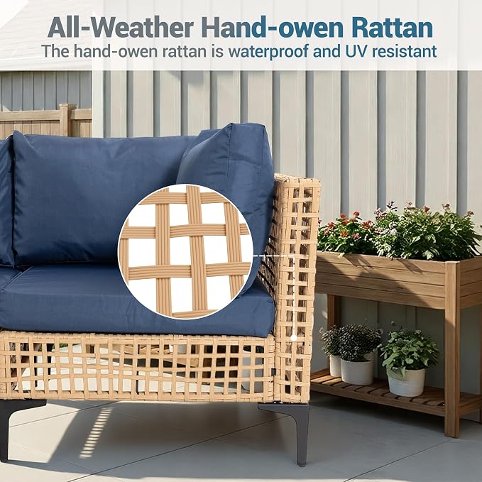 5-Piece Outdoor Wicker Patio Sectional Furniture Set, Dark Blue | 4-Seat, PE rattan, All weather performance, Patio onversation set, for Backyard Porch Poolside Deck