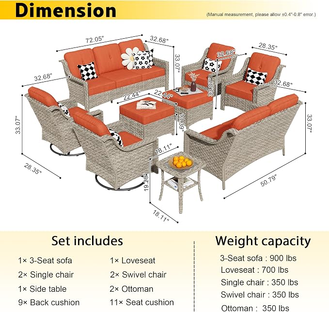 HOOOWOOO 9 Piece Patio Furniture Conversation Sets with Swivel Rocking Chairs,Outdoor Wicker Furniture with Ottoman,All Weather Resistant High Back Rattan Conversational Set(Red)