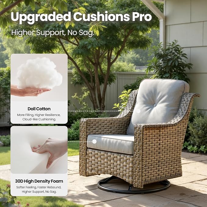 6 Piece Patio Furniture Set with Swivel Rocker Chairs, Outdoor Wicker High Back Sofa Glider Chair Ottoman with Cushion, All Weather Conversation Sets for Backyard Poolside Deck Grey