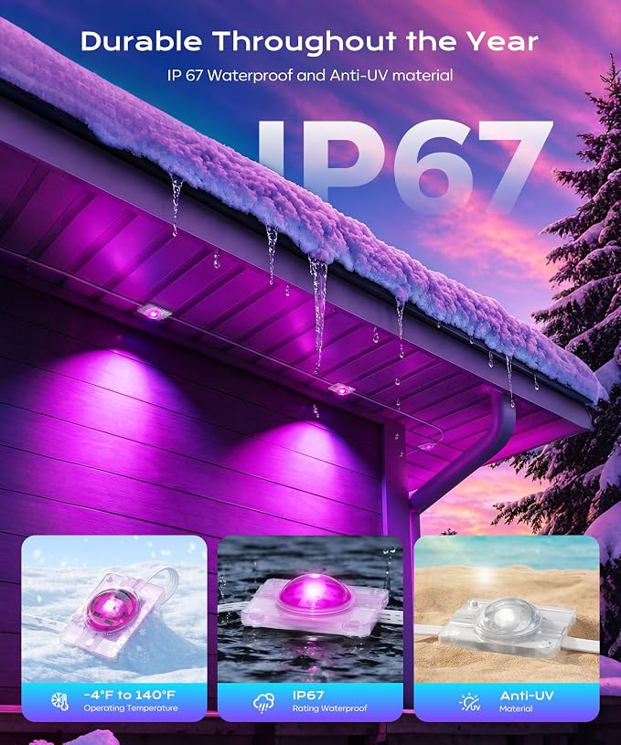 Permanent Outdoor Lights for House, 50ft Christmas RGB+IC Lights | 16 Million Colors & 50 Scene Modes, App/Remote Control, DIY Music Sync, Holiday Party Halloween Decor