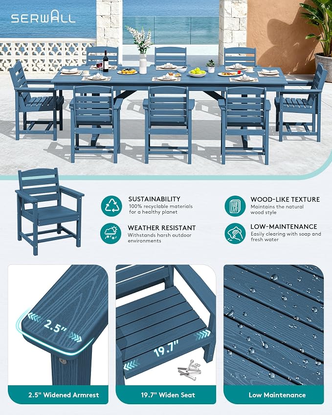 SERWALL 10 Piece Outdoor Dining Set with 15ft Triple-Head Foldable Umbrella(Based not Included), 84" HDPE Outdoor Table and Chairs for 8, Blue