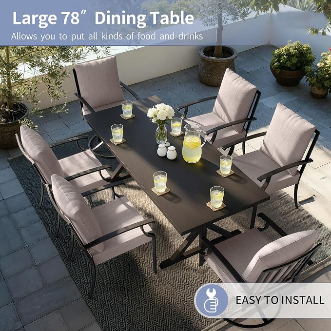 Kullavik 7 Pieces Outdoor Dining Set,Patio Dining Table and Chairs Set for 6,Fence Pattern Back Chairs with Thickened Cushions & X-Frame Metal Dining Table with Umbrella Hole for Patio,Sand