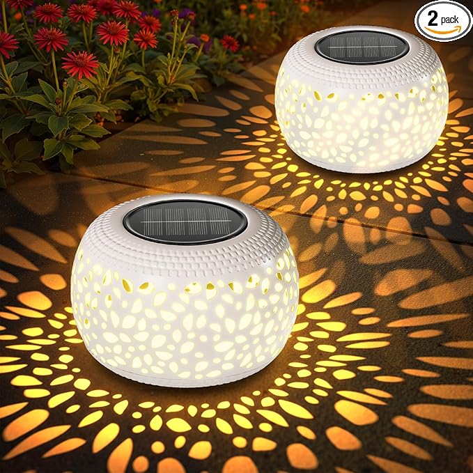 Solar Lanterns Outdoor Waterproof Lights: 2Pack White Hollow Out Metal Table Light, Outside Garden Yard Balcony Indoor Tabletop Lighting Decorations, Unique Gardening Gifts for Women Mom