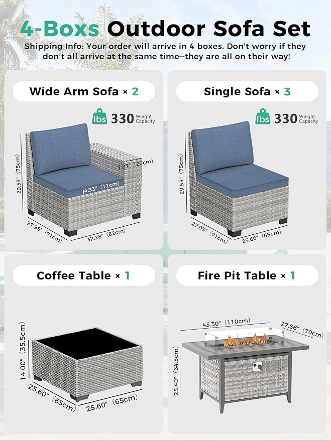 7 Piece Outdoor Wicker Sectional Sofa Set with Fire Pit Table, 5-Seats Conversation Set with 4" Thickened Cushions & Coffee Table, All-Weather PE Rattan for Garden, Backyard, Porch, Bule