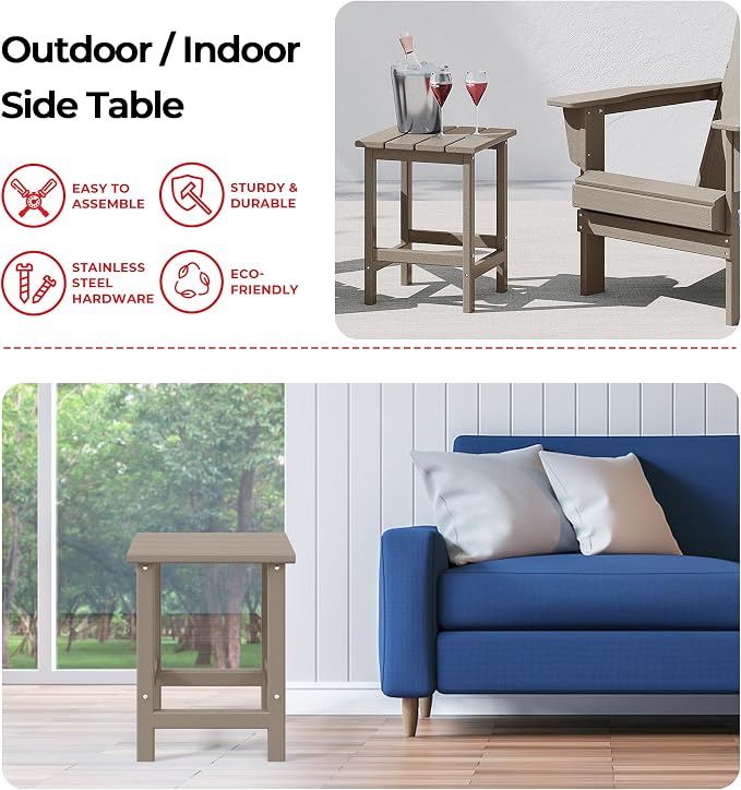 Costaelm Square Outdoor Side Tables, Adirondack Patio Tables for Outside, HDPE Patio End Table Weather Resistant, Balcony Table for Pool, Seaside, Backyard, Porch, Indoor Companion, Weathered Wood