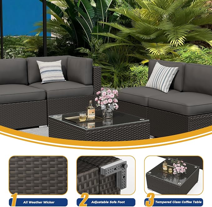 Incbruce 7-Piece Patio Furniture Set, All-Weather Conversation Set, PE Wicker Rattan Outdoor Sectional Couch with Glasstop Table and Removable Cushions (Grey)