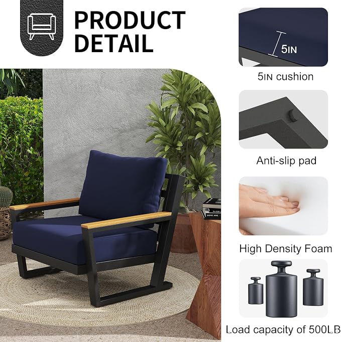 Aug-guan Aluminum Outdoor Sofa,5 Seats Modern Patio Furniture Set,Sectional Sofa Conversation Set with Coffee Table, Upgraded Washable Cushions for Garden Backyard,Blue