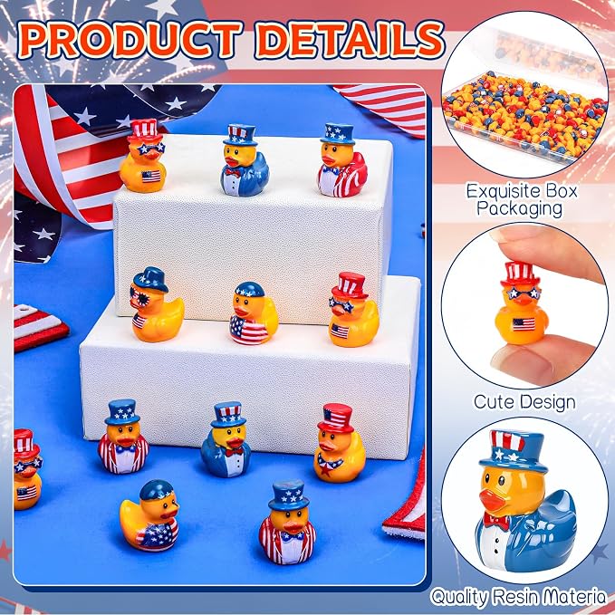 120 Pcs Patriotic Mini Resin Ducks 6 Style Bulk Tiny Duck Figurines 250th Anniversary Independence Day Decorations 4th of July Patriotic Ducks for Party Favors DIY Crafts and Desk Decor