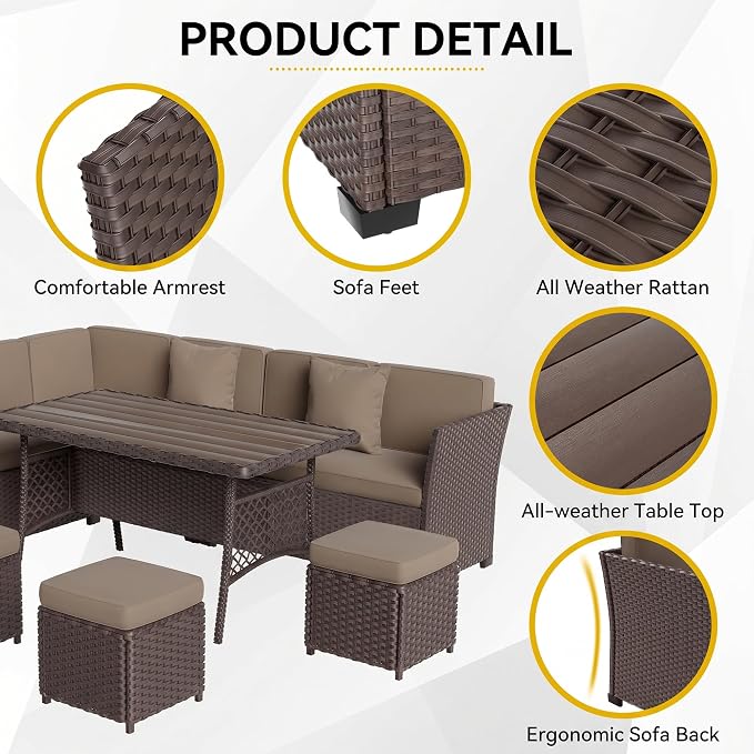 Patio Furniture Set, 7 Pieces Outdoor Dining Sets, All Weather Rattan Conversation Set, Outdoor Dining Sectional Sofa with Large Dining Table, Ottoman (Brown-Camel, A-7 Pieces)