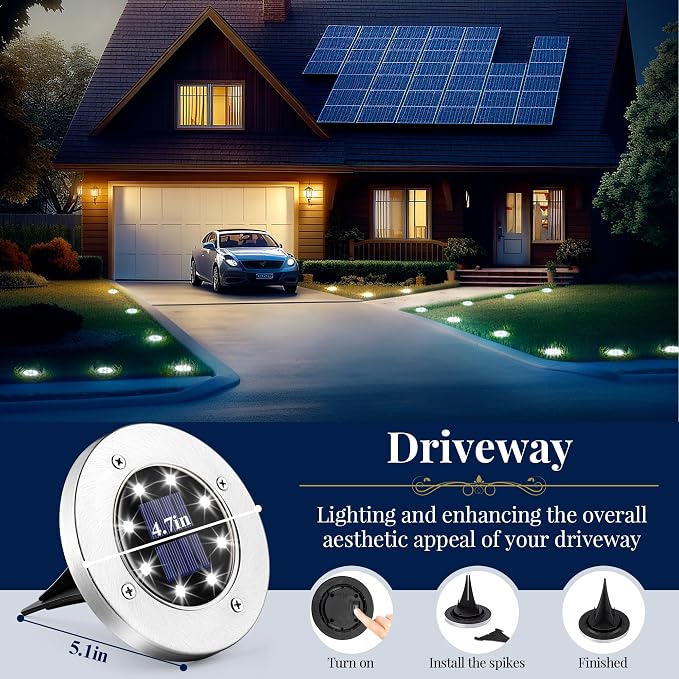SOLPEX Solar Ground Lights Outdoor, Garden Lights 12 Pack Cool White | IP65 Waterproof Stainless Steel Landscape Lighting for Walkway, Driveway, Pathway, Patio, Backyard Decor