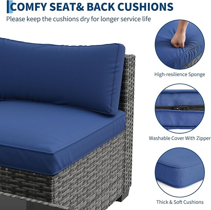 7-Piece Outdoor Rattan Sectional Sofa Set with Coffee Table – Gray Ombré Wicker & Navy Blue Cushions