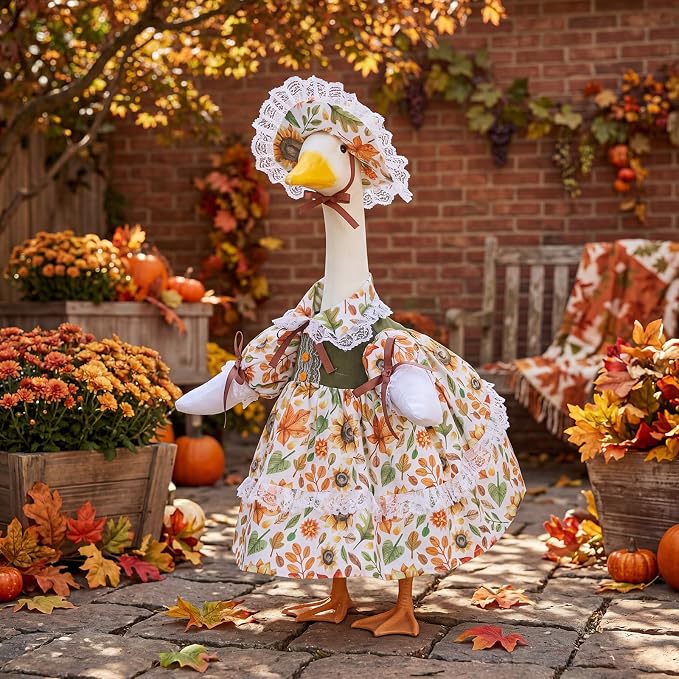 FuWeave Fall Porch Goose Outfit Maple Goose Costume Fancy Porch Geese Clothes with Wide Hat for 23" 17" Outdoor Patio
