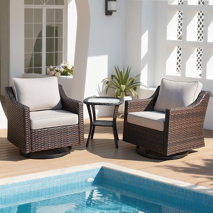Patio Furniture Set 3 Pieces Luxury Outdoor Bistro with Swivel Rocker Chairs and Side Table, Easy Assembly Conversation Set for Porch Deck Balcony Yard in Brown Wicker and Beige Cushions