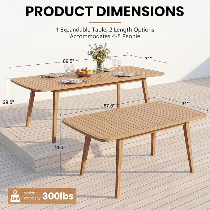 Extendable Outdoor Dining Table, Weather-Resistant Wood Patio Dining Table for 6-8 Person, 67.5"-89.5" Expandable Table with Self-Storing Leaf for Host/Backyard/Porch/Dining Room, Natural
