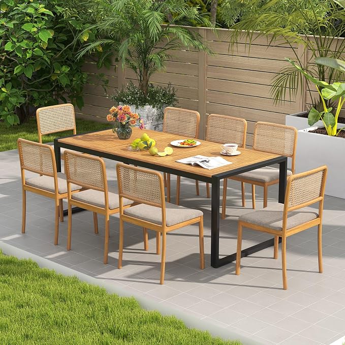 RELAX4LIFE Patio Outdoor Dining Table for 8, 79’’ x 35.5’’ Acacia Wood Rectangular Table w/2’’ Umbrella Hole, Slatted Top & Metal Legs, Indoor Outdoor Picnic Bistro Table, 8-Person Patio Dining Table