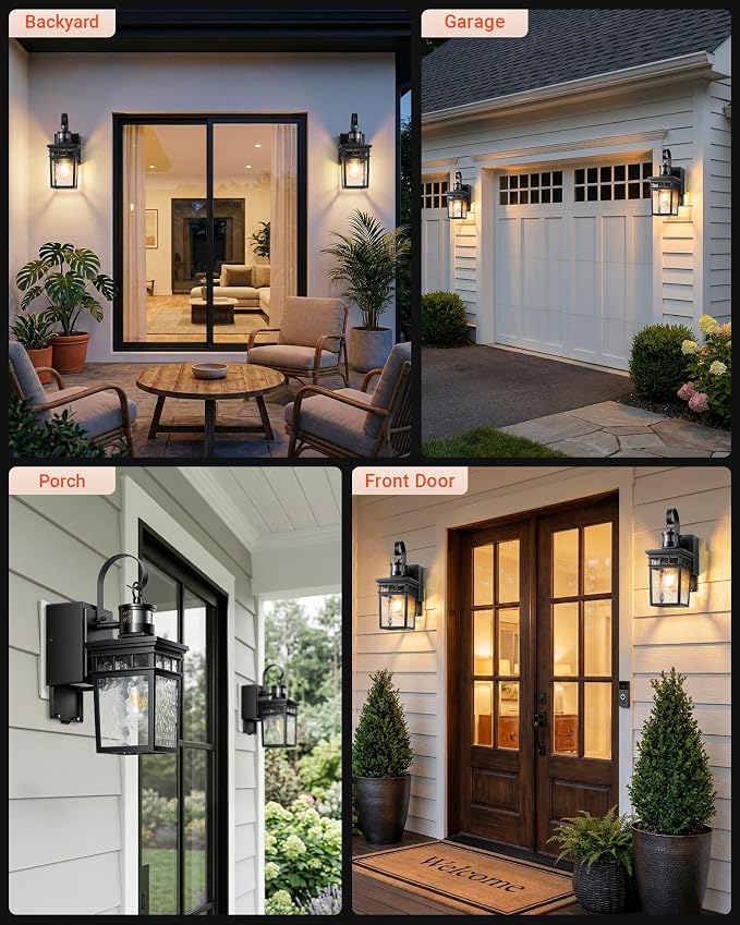 Gleamz Adjustable Time & Distance Motion Sensor Porch Light with GFCI Outlet, Modern Exterior Lighting Fixtures, Black Outdoor Lanterns for Porch, House, Patio, Garage, Waterproof, Aluminum, 1 Pack